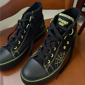 Strange Cult Black and Neon Green High-Top Sneakers